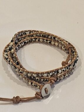 Boho Dalmatian Jasper 3-Row Leather Wrap Bracelet